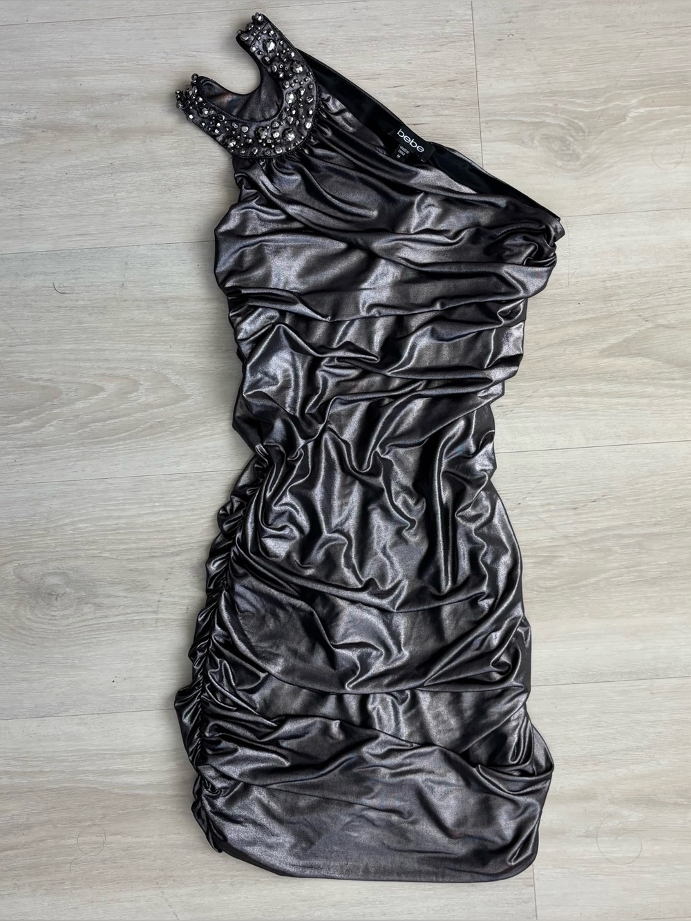 Bebe Metallic Gunmetal Ruched One Shoulder Bodycon Mini Dress Rhinestone M